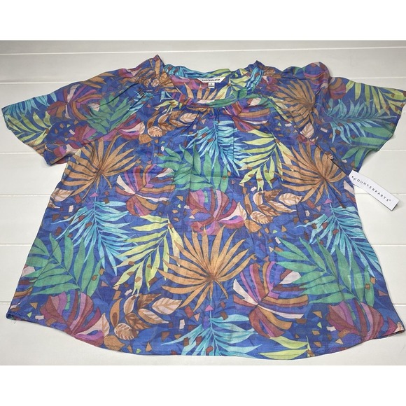 Counterparts Tropical Blouse Top Women's SZ XL Smocked Flutter Sleeve Blue Multi - Picture 8 of 16